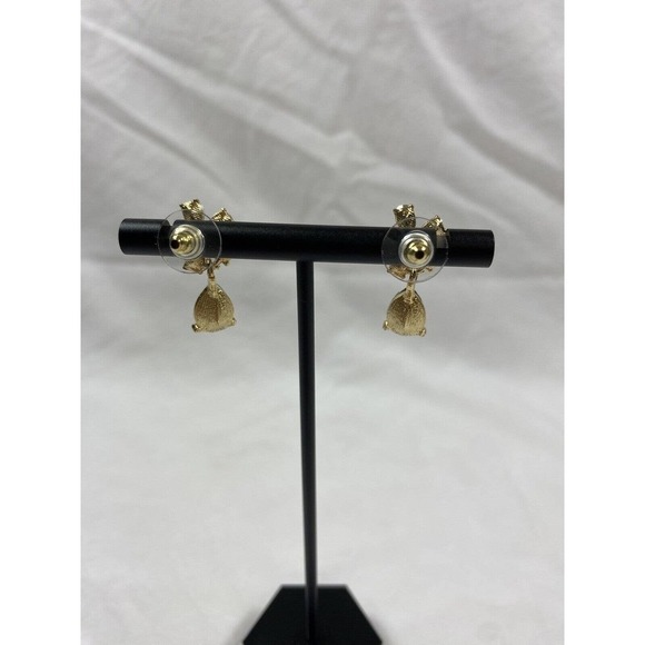 Clear Rhinestone Drop Earrings Gold Tone Flower Dangle Teardrop - Picture 12 of 12